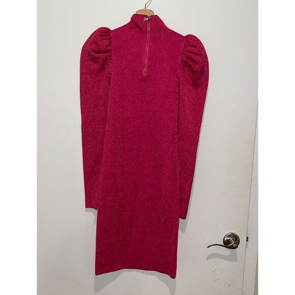 Alice and Olivia Issa Hot Pink Glitter Women's Size S Puff Sleeve Turtleneck Min - Picture 6 of 11